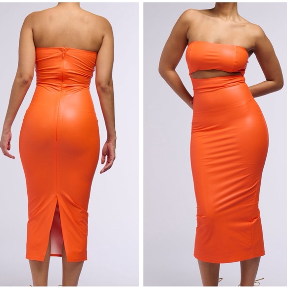 AKIRA Dresses & Skirts - AKIRA Pleather Cut Out Midi Dress Vibrant Orange Strapless Baddie Club Going Out